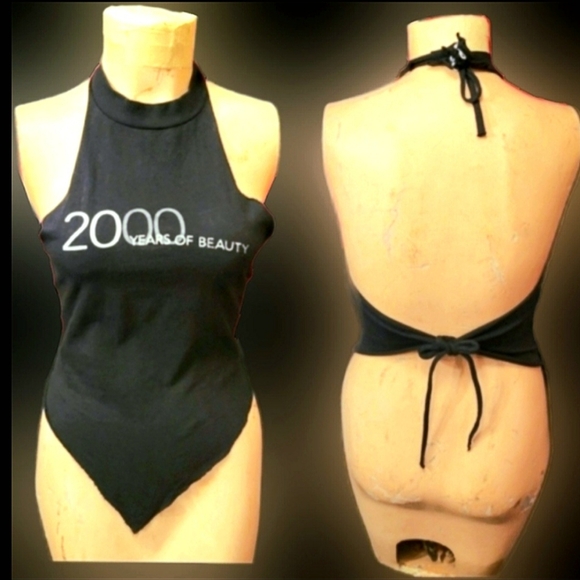 Vtg Y2K blk Paul Mitchell 2000 yrs beauty Hairstylist hankerchief halter top L - Picture 1 of 17